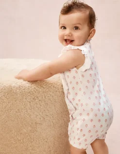 Organic Cotton Frill Wrap Daisy Block Print Shortie Sleepsuit (0–2yrs)