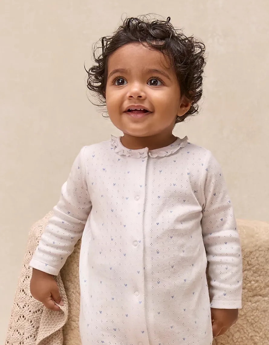 Organic Cotton Heart Pointelle Frill Collar Sleepsuit (0–24mths)