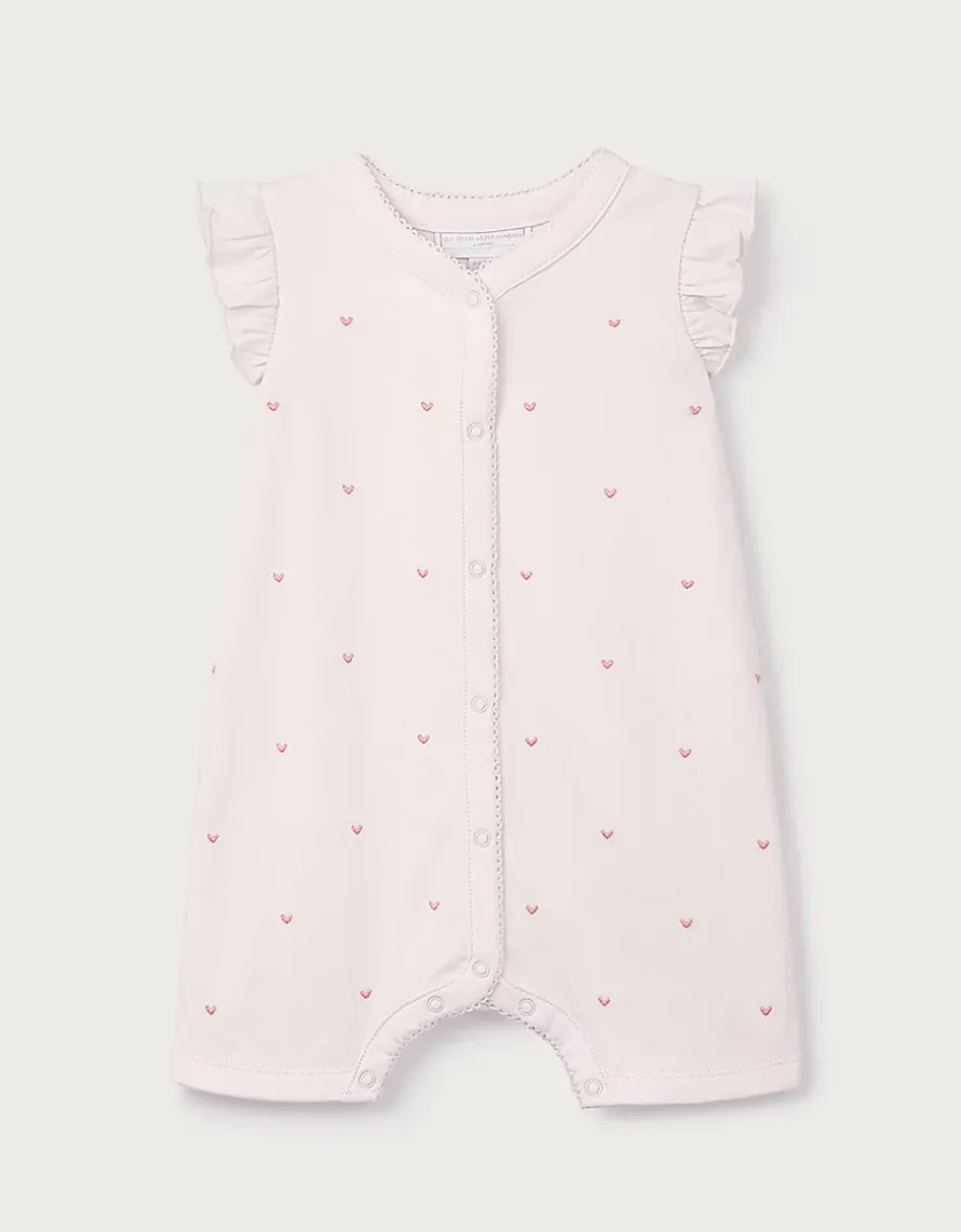 Organic Cotton Pink Heart Embroidered Frill Shortie Sleepsuit (0–2yrs)