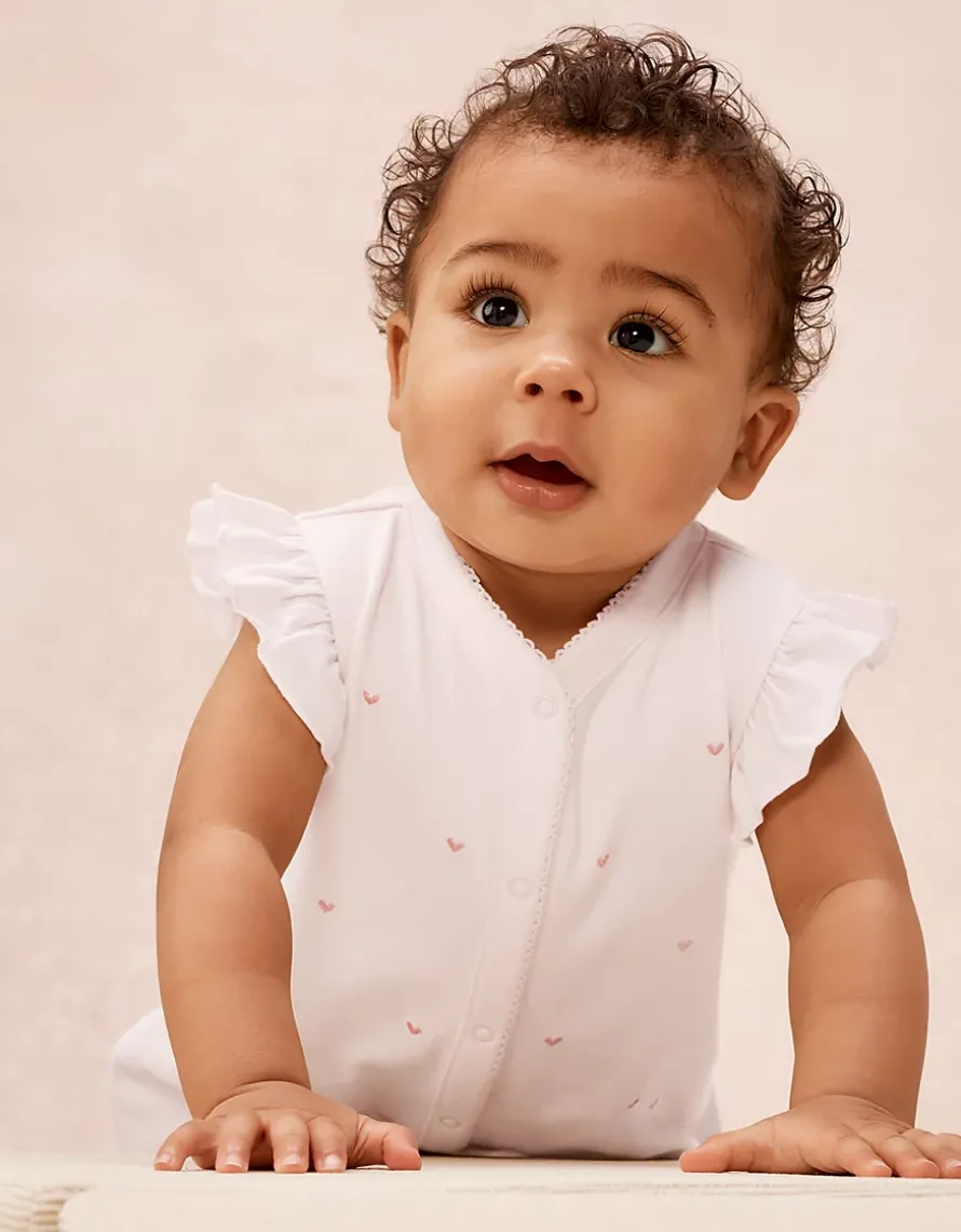 Organic Cotton Pink Heart Embroidered Frill Shortie Sleepsuit (0–2yrs)