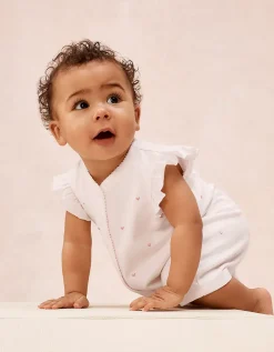 Organic Cotton Pink Heart Embroidered Frill Shortie Sleepsuit (0–2yrs)
