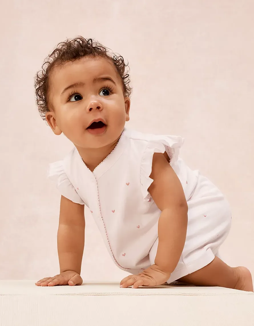 Organic Cotton Pink Heart Embroidered Frill Shortie Sleepsuit (0–2yrs)