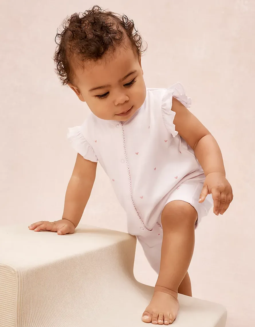 Organic Cotton Pink Heart Embroidered Frill Shortie Sleepsuit (0–2yrs)
