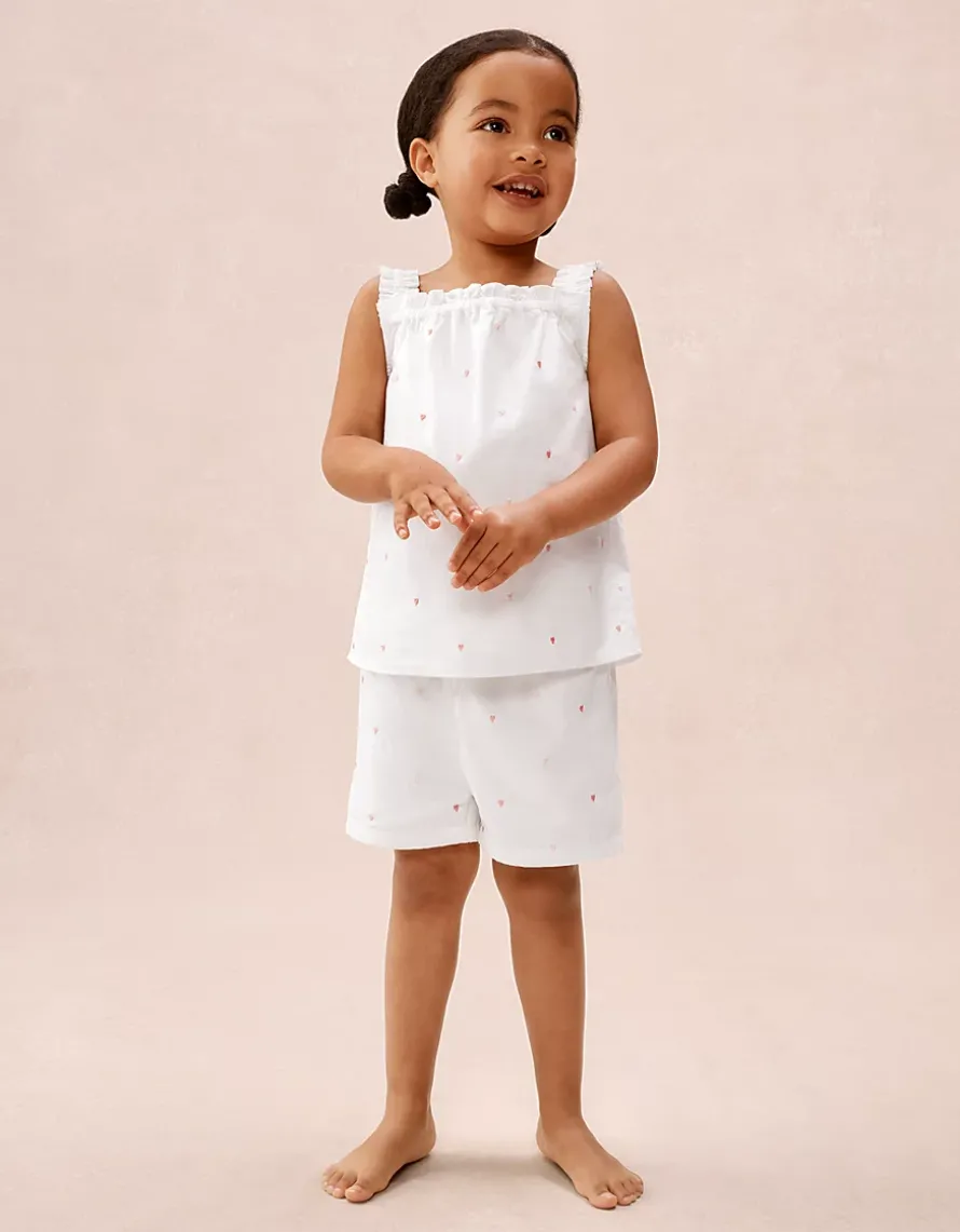 Organic Cotton Pink Heart Embroidered Shortie Pyjamas (2–12yrs)
