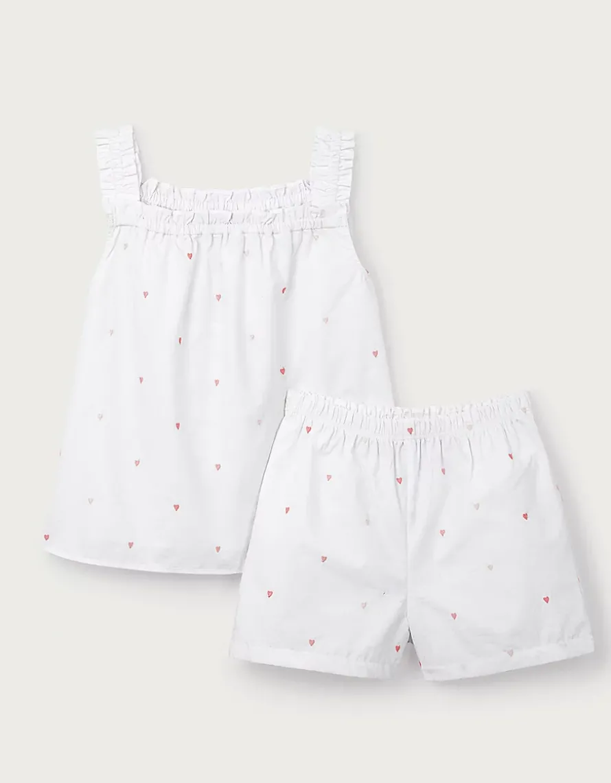 Organic Cotton Pink Heart Embroidered Shortie Pyjamas (2–12yrs)