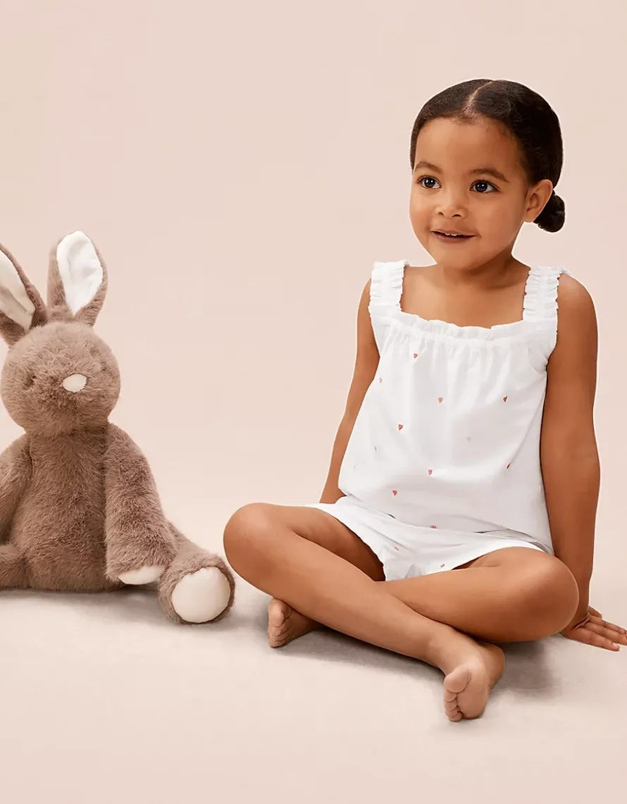 Organic Cotton Pink Heart Embroidered Shortie Pyjamas (2–12yrs)
