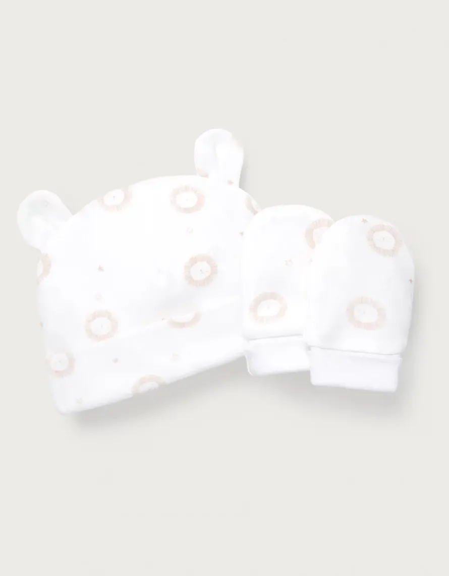 Organic Cotton Pink Lion Hat & Mittens Set (0–12mths)