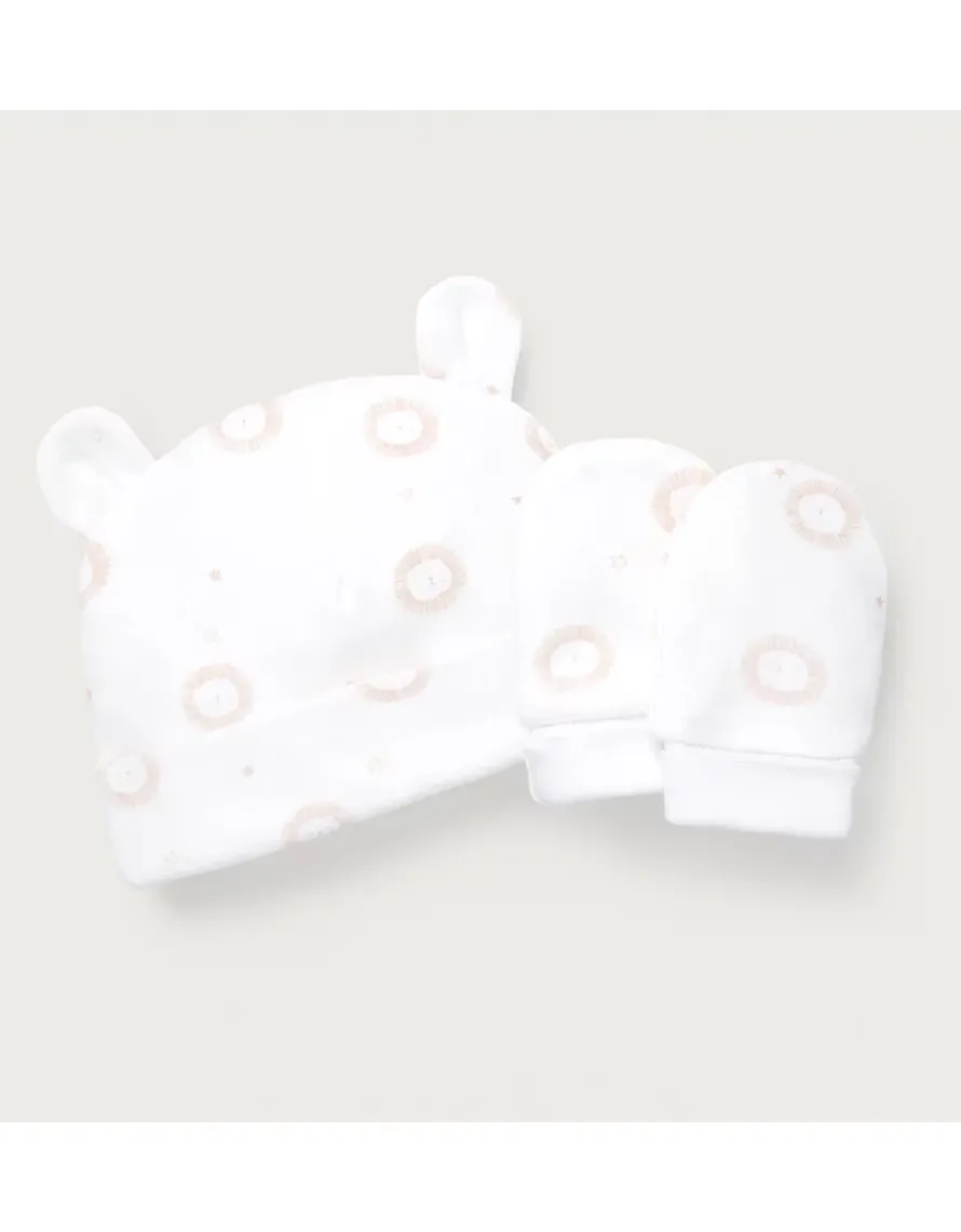Organic Cotton Pink Lion Hat & Mittens Set (0–12mths)