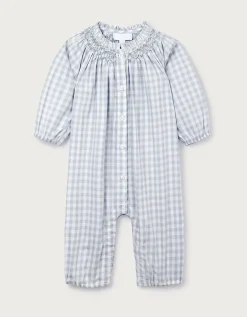 Organic Cotton Poplin Mini Gingham Hand Smocked Romper (0–24mths)