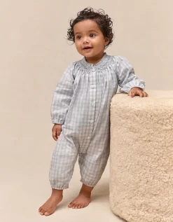 Organic Cotton Poplin Mini Gingham Hand Smocked Romper (0–24mths)