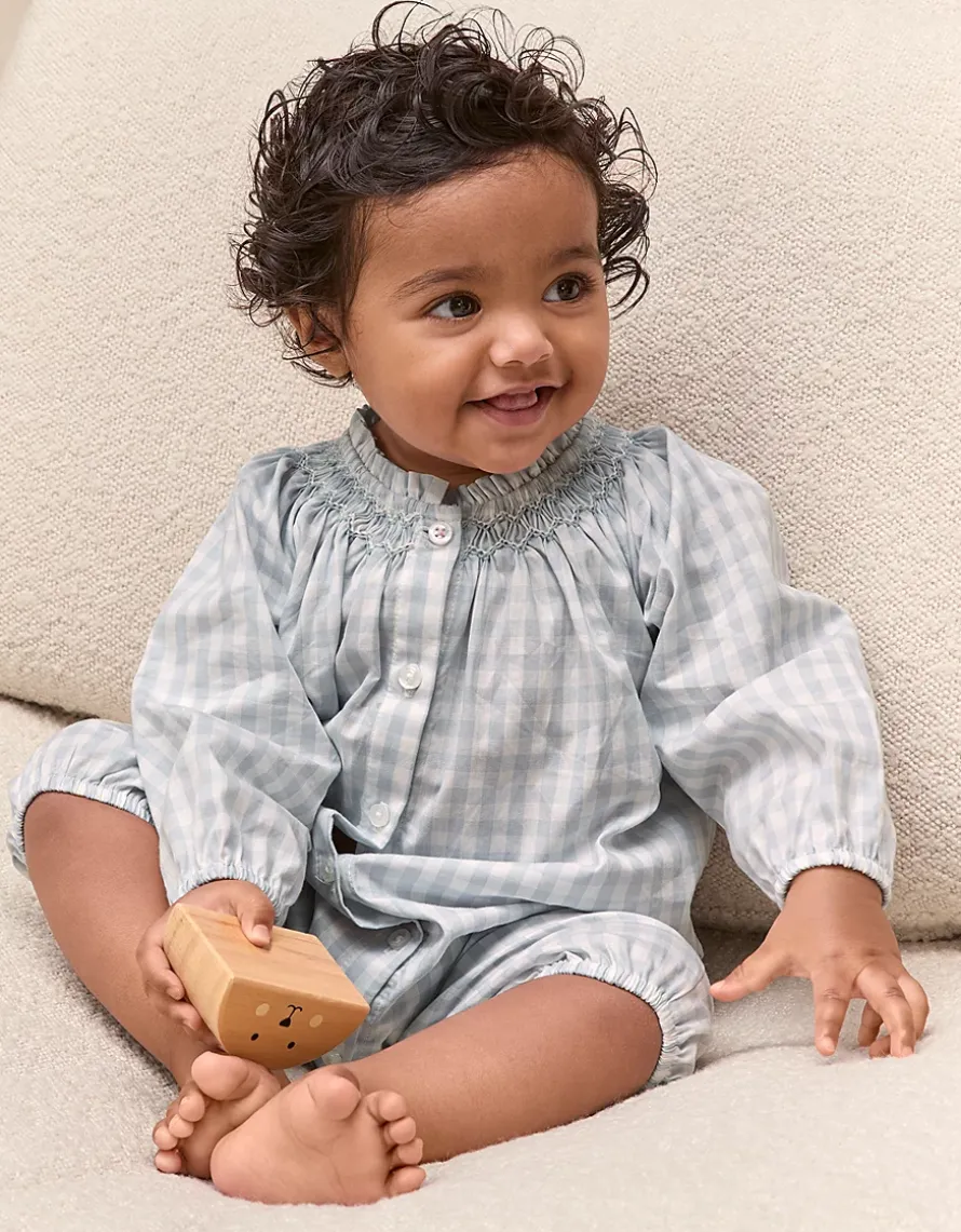 Organic Cotton Poplin Mini Gingham Hand Smocked Romper (0–24mths)
