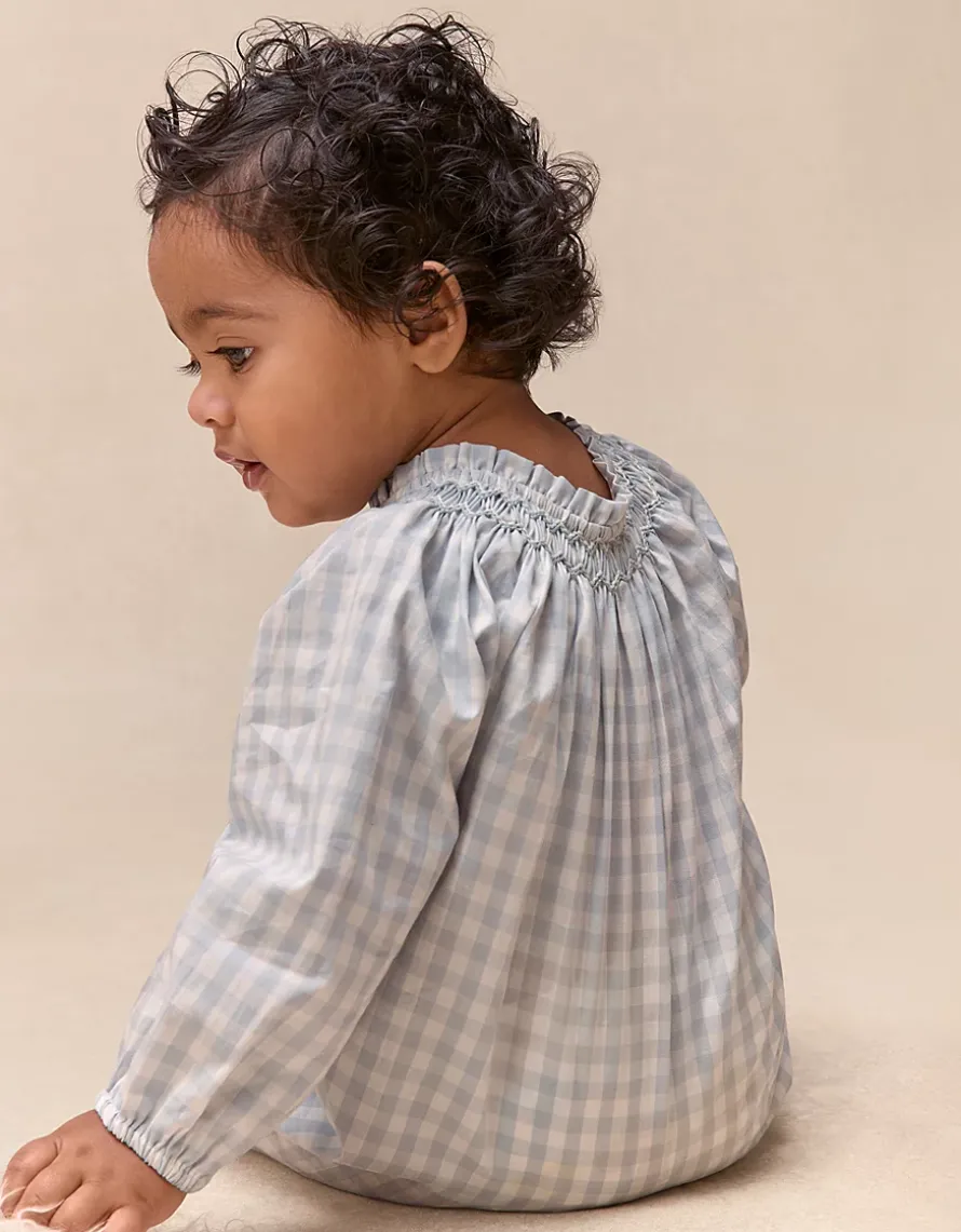 Organic Cotton Poplin Mini Gingham Hand Smocked Romper (0–24mths)