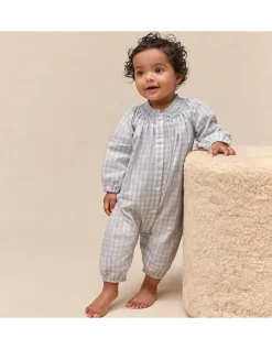 Organic Cotton Poplin Mini Gingham Hand Smocked Romper (0–24mths)