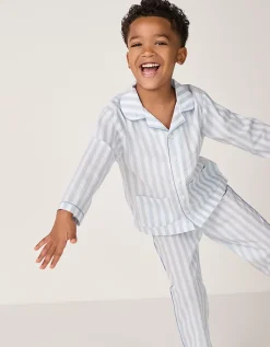 Organic Cotton Relaxed Fit Traditional Blue Stripe Poplin Piped Pyjamas (2–12yrs)