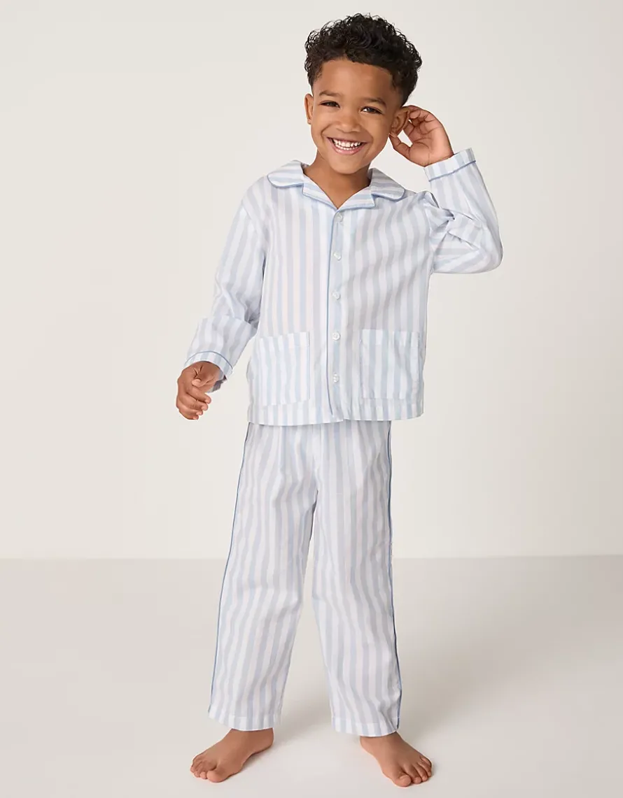 Organic Cotton Relaxed Fit Traditional Blue Stripe Poplin Piped Pyjamas (2–12yrs)