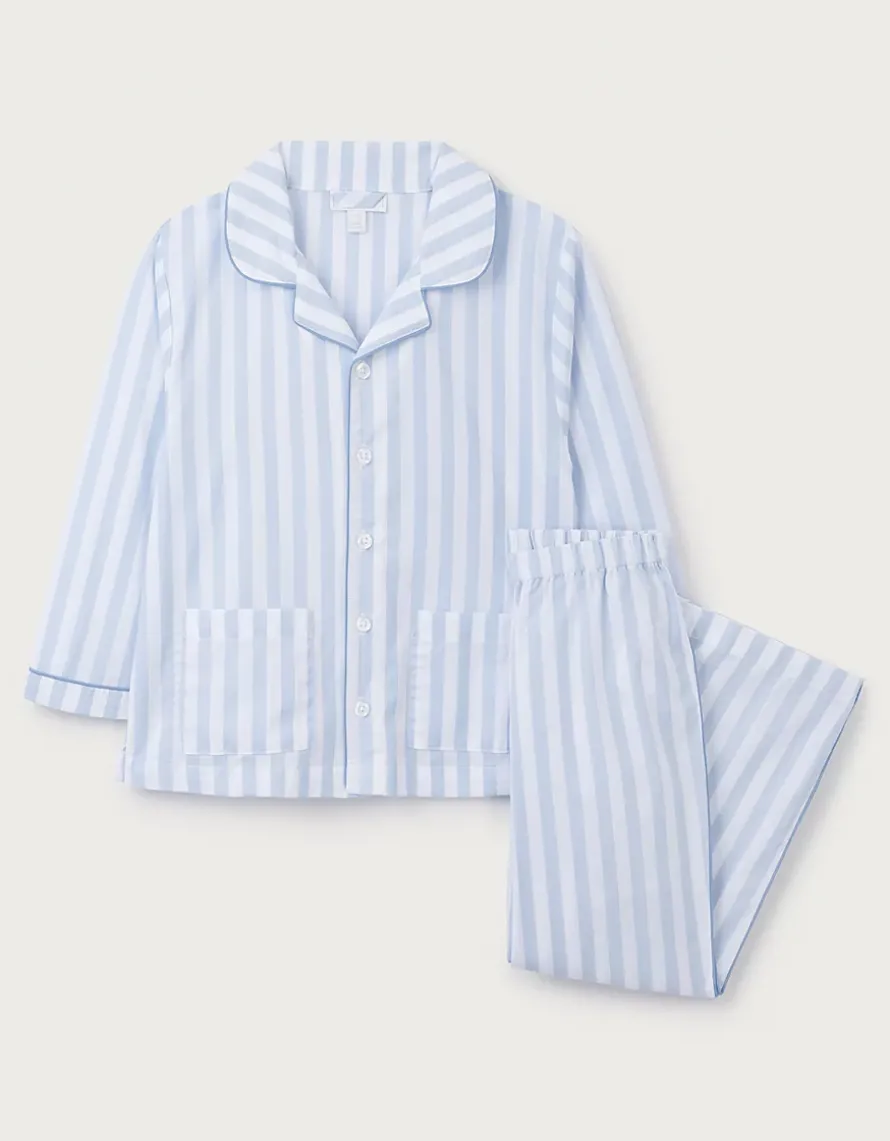 Organic Cotton Relaxed Fit Traditional Blue Stripe Poplin Piped Pyjamas (2–12yrs)