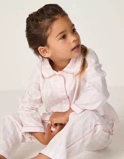Organic Cotton Relaxed Fit Traditional Pink Stripe Poplin Piped Pyjamas (2–12yrs)