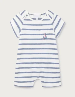 Organic Cotton Stripe & Anchor Embroidered Shortie Sleepsuit (0–2yrs)
