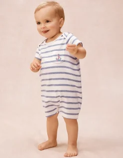 Organic Cotton Stripe & Anchor Embroidered Shortie Sleepsuit (0–2yrs)
