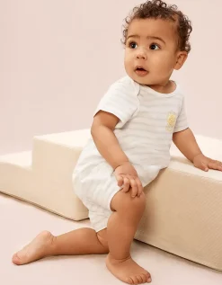 Organic Cotton Stripe Sunshine Embroidered Shortie Sleepsuit (0–2yrs)