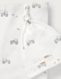 Organic Cotton Tractor & Stripe Reversible Blanket & Hat Set (0–12mths)