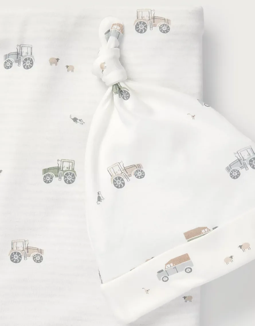 Organic Cotton Tractor & Stripe Reversible Blanket & Hat Set (0–12mths)