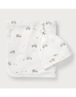 Organic Cotton Tractor & Stripe Reversible Blanket & Hat Set (0–12mths)