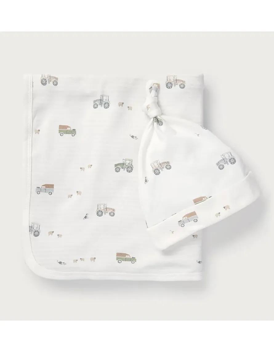 Organic Cotton Tractor & Stripe Reversible Blanket & Hat Set (0–12mths)