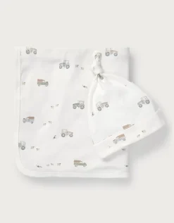 Organic Cotton Tractor & Stripe Reversible Blanket & Hat Set (0–12mths)
