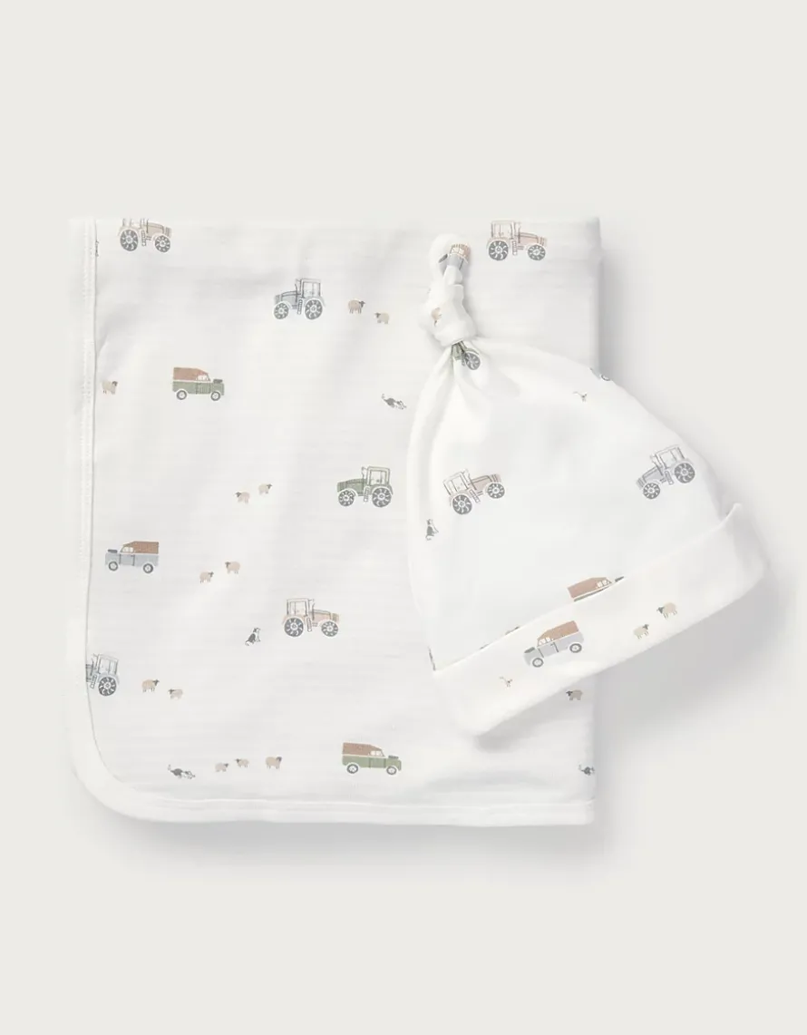 Organic Cotton Tractor & Stripe Reversible Blanket & Hat Set (0–12mths)