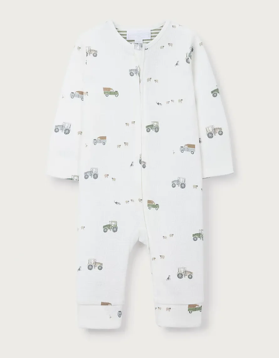 Organic Cotton Waffle Tractor Zip Through Sleepsuit (0–24mths)