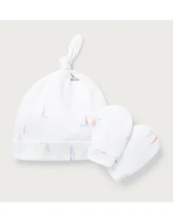 Organic Cotton Watercolour Boat Hat & Mittens Set (0–12mths)