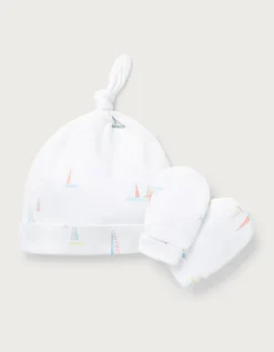 Organic Cotton Watercolour Boat Hat & Mittens Set (0–12mths)