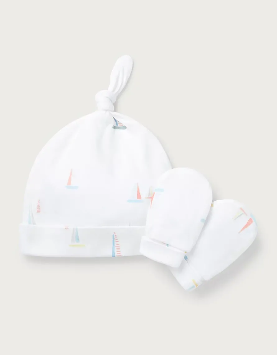 Organic Cotton Watercolour Boat Hat & Mittens Set (0–12mths)
