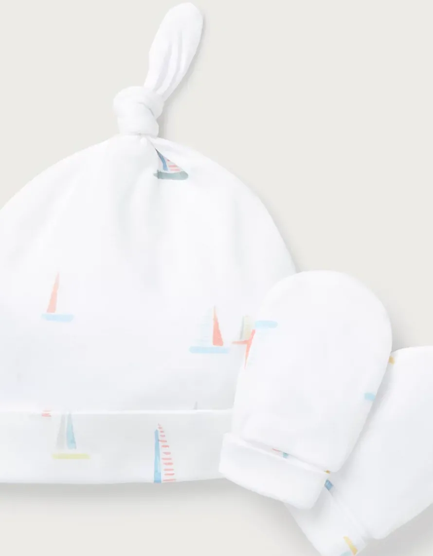Organic Cotton Watercolour Boat Hat & Mittens Set (0–12mths)