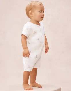 Organic Cotton Watercolour Boat Print Shortie Sleepsuit (0–2yrs)