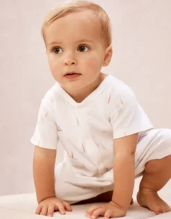 Organic Cotton Watercolour Boat Print Shortie Sleepsuit (0–2yrs)