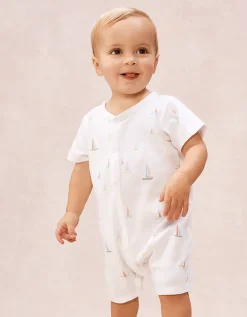 Organic Cotton Watercolour Boat Print Shortie Sleepsuit (0–2yrs)
