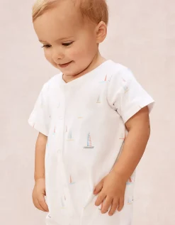 Organic Cotton Watercolour Boat Print Shortie Sleepsuit (0–2yrs)