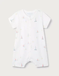 Organic Cotton Watercolour Boat Print Shortie Sleepsuit (0–2yrs)