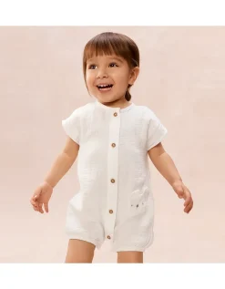Organic Crinkle Cotton Bear Pocket Romper (0–2yrs)
