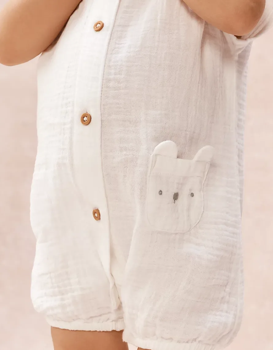 Organic Crinkle Cotton Bear Pocket Romper (0–2yrs)