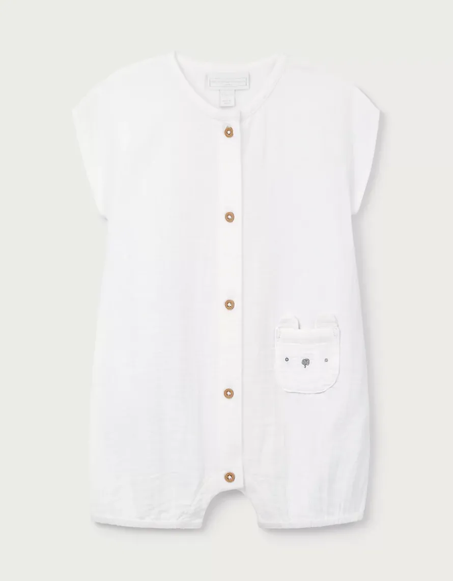 Organic Crinkle Cotton Bear Pocket Romper (0–2yrs)
