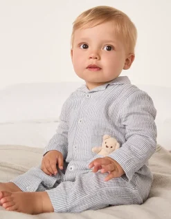 Organic Crinkle Cotton Stripe Bear Toy Classic Sleepsuit (0–24mths)