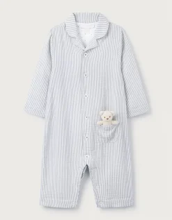 Organic Crinkle Cotton Stripe Bear Toy Classic Sleepsuit (0–24mths)