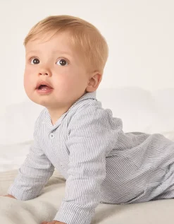 Organic Crinkle Cotton Stripe Bear Toy Classic Sleepsuit (0–24mths)