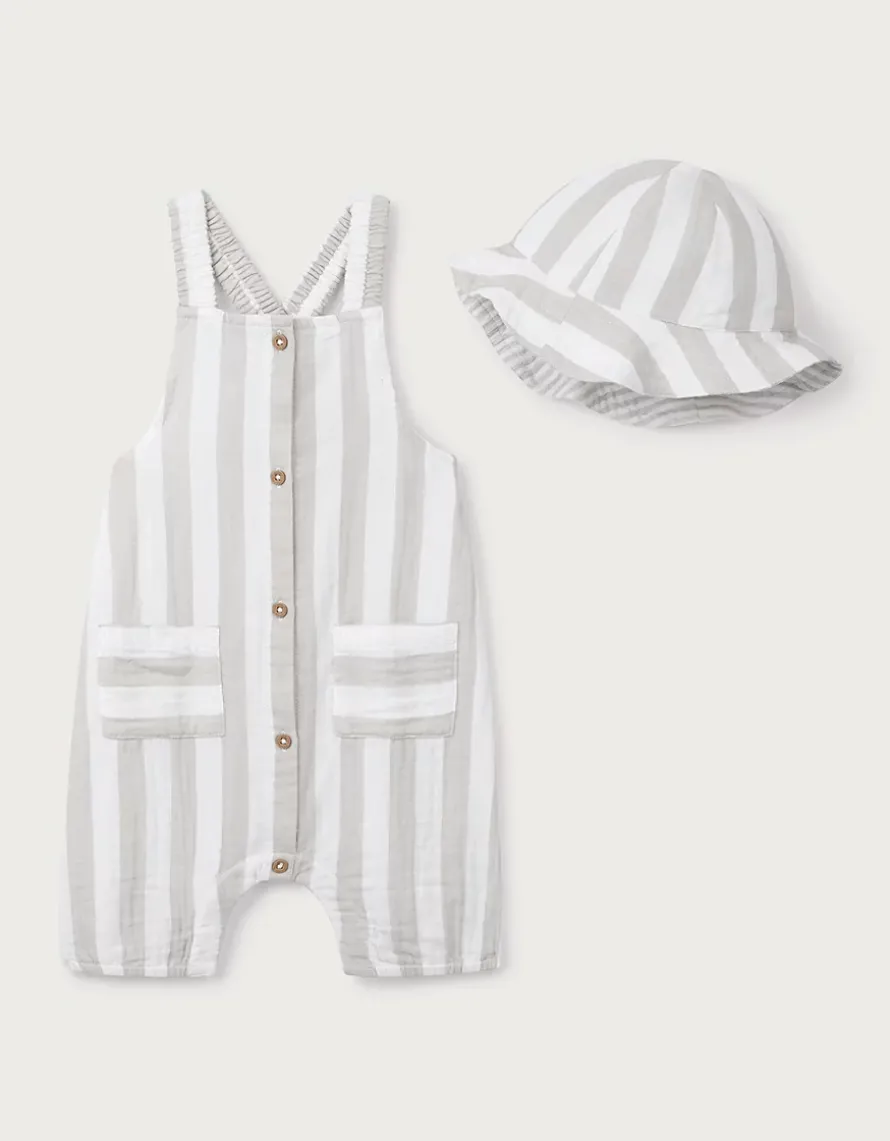 Organic Crinkle Cotton Stripe Romper & Hat Set (0–2yrs)