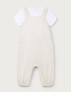 Organic Crinkle Cotton Stripe Dungarees & T-Shirt Set (0–2yrs)