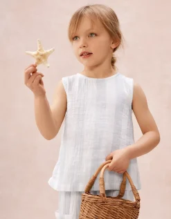 Organic Crinkle Cotton Wide Stripe Bow Back Top & Trousers Set (0–4yrs)