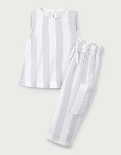 Organic Crinkle Cotton Wide Stripe Bow Back Top & Trousers Set (0–4yrs)